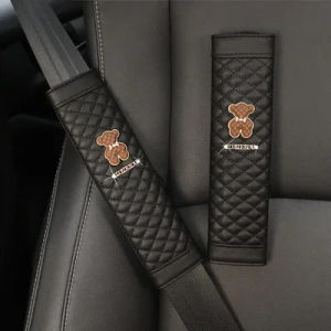Car Seat Belt Cover Cartoon Bear Design PU Leather Shoulder Pad Breathable Comfort Universal Fit Auto Accessories
