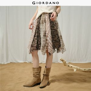 GIORDANO Women Skirts Print Patchwork Chiffon Skirts Elastic Waist A-Line Fashionable Casual Midi Skirts 18466525