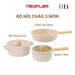 [HÀNG CHÍNH HÃNG] Bộ 3 món nồi chảo chống dính bếp từ Fika Neoflam Hàn Quốc.  Bao gốm 01 chảo xào sâu lòng 26cm chống dính bếp từ I 02 nồi chống dính bếp từ 18cm nông 22cm (màu trắng ngà)