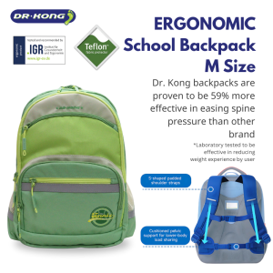 Dr.Kong Ergonomic School Backpack M Size–Lightweight Spine Care Bag (DK-2Z12A4004BW-GRN)