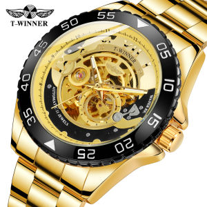 Original WINNER automatic watch mens fashion business stainless steel waterproof gold hollow luxury watches for men