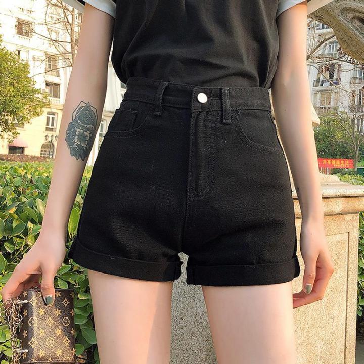 Denim Shorts for Women High Waist Solid Summer 2021 New Korean Style  All-Matching Slimming Ladies Short Pants Loose Wide Leg A-line Hot Jeans