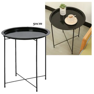 47x50cm Metal Round Table for Livingroom Camping Folding Stand Portable Small Dining Desk (Black)