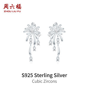 ZHOU LIU FU 周六福 S925 Sterling Silver Earrings Cubic Zircons Earrings Fireworks Design Jewelry Gift for Women Mom Daughter Birthday Anniversary J0914567