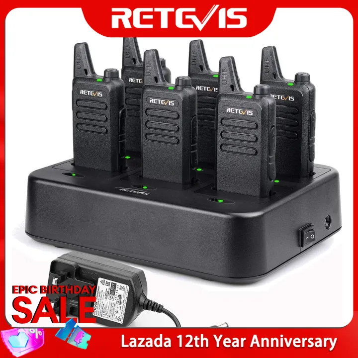Retevis RT622 Rechargeable 2 Way Radio with 6 Way Charger, PMR446 License Free, VOX, 16 Channels, Portable Radio for School, Factory, Logistics, Security(6
