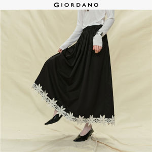 Giordano Women Contrast flower embroidery trim maxi skirt Free Shipping 18465831