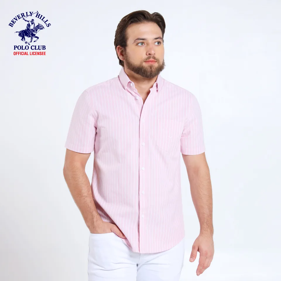 Beverly Hills Polo Club Men’s Button-Down Collar Cotton Oxford Short Sleeves Polo Dress Shirt in Pink/White and Blue/White Stripes 23RB646SS