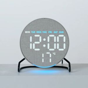 FFBH Hot Selling Home Wood Grain Digital LED Clock Multifunctional Electronic Alarm Clock with Atmosphere Light for Desktop B3K9H