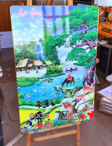 Tranh đồng quê 3d khung tranh đồng quê Tranh treo tường làng quê chăn trâu dưới bóng đa tráng gương QQC34