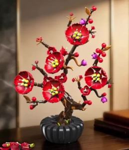 Red Plum Blossom Building Block Flower Set Artificial Flower Decorations Luxurious Home and Office Decor Gift for Adults (599 Pieces)
