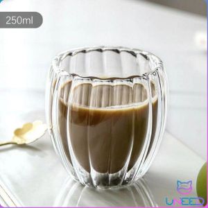 Double Wall Glass Coffee Mug 250ml/350ml/450ml Heat Resistant Stripe Shape for Milk Tea Coffee Juice Birthday Gifts Mothers Day Gifts Fathers Day Gifts Thanksgiving Gifts Christmas Gifts Durable Easy to Clean