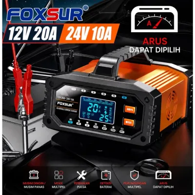 FOXSUR 20A Charger Aki Mobil Motor Truk 12V 20A - 24V 10A Smart Charger 7 Stage Pengisian Original