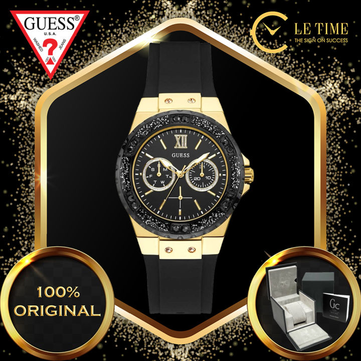 Authentic Guess Limelight Crystal Multi Function Chronograph Black Gold Plated Silicone Strap Quartz Sport Women Ladies Watch Jam Tangan Wanita Perempuan W1053L1 Lazada