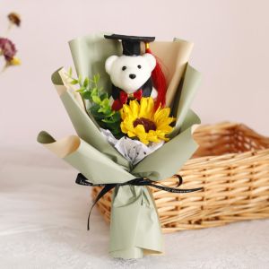 GLOWLITE Bouquet Decoration Graduation Bear Sunflower Bouquet Woven Plush Bear Crochet Flowers Bouquet Creative Cartoon Doctoral Bear Bouquet Graduation Season