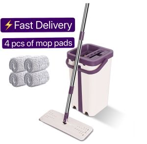 🇸🇬🔥SG STOCK🔥EZZY MOP Magic Cleaning Mops Free hand Squeeze Flat Mop Set / 1 Bucket + 1 Mop + 4 Microfiber Mop Pads / SG Local Stock / Fast Delivery