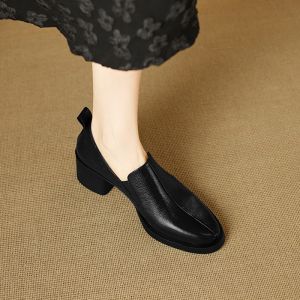 Free Shipping Soft Leather Deep-Cut WomenS Loafers 2026 New Spring And Autumn Style With Chunky High Heels Comfortable For The Feet