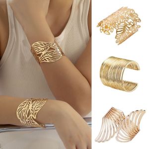 Devonmet 1Pcs Metal Hollow Flower Leaf Bangles for Women Open Adjustable Wide Cuff Bracelet Jewelry