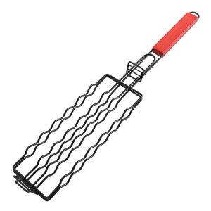 CANICECA 1Pcs Heat Resistant Handle Dog Grill Metal Wooden Handle Sausage Grill Cage Durable Removable Grill Basket Outdoor BBQ Accessory
