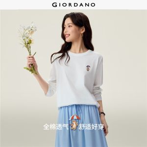 GIORDANO Women T-Shirts 100% Cotton Cat Embroidery Tee Crewneck Long Sleeve Fashionable Casual Loose T-Shirts 13326990