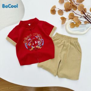 Bộ Đũi Rồng Phượng Mặc Tết Cho Bé Trai Cực Xinh  Bộ Cộc Cổ Tàu Chất Đũi Mềm Từ 8-27kg BECOOL
