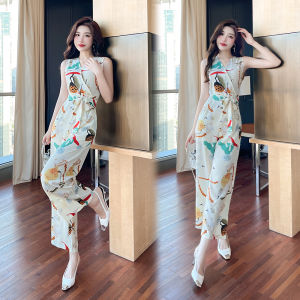 Impression Fashion Women Elegant Retro Printing V-neck Sleeveless High Waist Wide-leg Jumpsuit