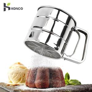 KONCO Flour Sifters Stainless Steel Powder Cocoa Shaker Sieve Cup Baking Mesh Crank Flour Sifter for Flour Icing Sugar Sifter