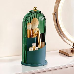 Hvygss 360 °   Rotating Makeup Brush Holder with Lid Waterproof Three-Compartment Makeup Organizer 180 °   Side-Pull Door Desk Organizer Dustproof Brush Holder for Vanity and Bathroom (Green)
