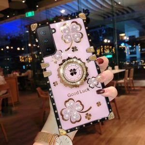 Casing For Samsung Galaxy S24 S23 Ultra S24 Plus 5G Clover Rhinestone Ring Phone Case For Samsung S24Ultra S23+ 5G Bling Ring Holder Cover on s24Plus S24PLUS Shockproof Back Cases