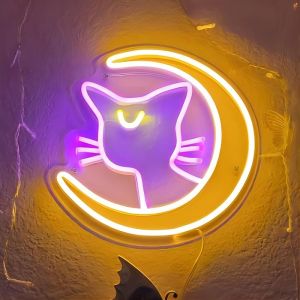 Japanese Anime Luna Neon Sign for Bedroom Wall Decor LED Dimmable Cartoon Moon Cat Signs for Kids Gifts Cute Luna Neon Light for Girls Game Room Dorm Birthday Party Pink Kawaii Decoration