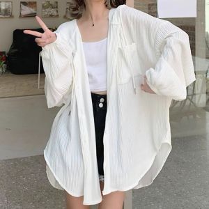 Newlan CS024 Kemeja hoddie Stripe Blouse Atasan Wanita Tangan Panjang Model Simple Perlindungan Kardigan Pakaian Longgar Ukuran Lengan Panjang Siswa Berkerudung Fashion Tampan Outer oversize