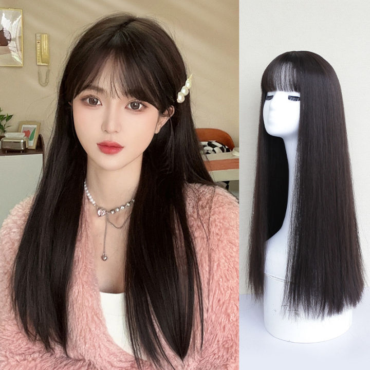 LOYO Long Straight Hair Wigs Brown Black Synthetic with Bangs