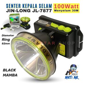 SENTER KEPALA 100 WATT JINLONG JL-7877 TAHAN 12 JAM (5000mAh) Jinlong JL-7877 Black Mamba Senter Kepala Led Super Terang Jangakauan Sangat Jauh 2000 Meter / Senter Kepala Selam / Senter Selam / Senter Diving / Senter Kepala Diving / Senter Cari Ikan