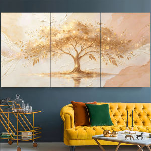 3Pcs Modern Luxury Wall Decoration Set Golden Peony Flower Textured Art Print Free Double Sided Tape for Living Room Bedroom Condo Dining Room Wall Decora