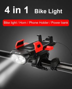 4 in 1 Bicycle Mobile Phone Holder Power Bank Light Horn