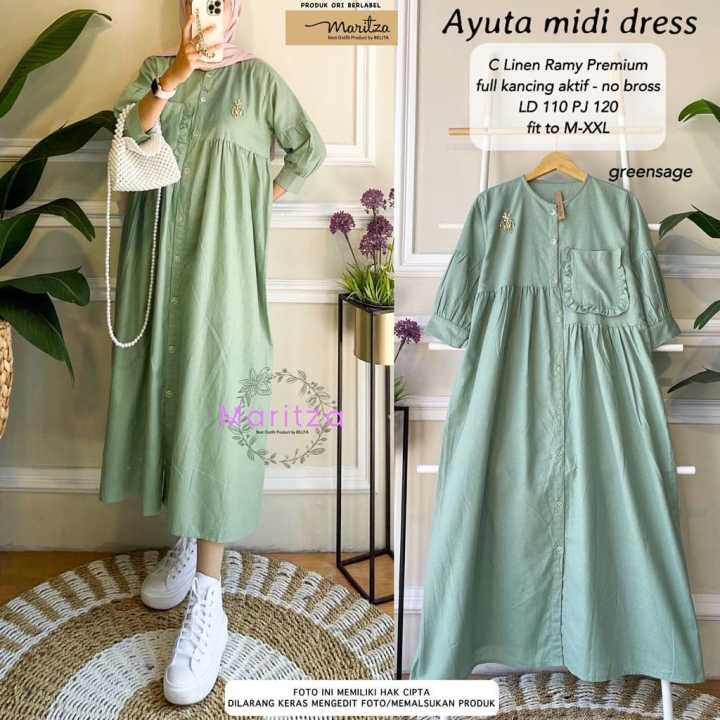 Memoth Boutique Ayuta Midi Dress/Midi Dress Katun Linen Rami Premium Dress  Polos | Lazada Indonesia