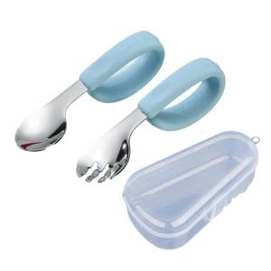 Cho bé ăn muỗng và Bộ Nĩa Thép không gỉ và thoải mái tay cầm Silicone comfortabel sử dụng thường nhật cho 6 tháng +