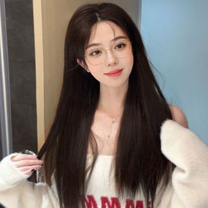 Wig 70CM Long Straight Wigs for Women Long Hair Natural Full Head Wig Black/Brown Natural Split Bangs Wig Hair Temperament Face Repair Full Head Cover Cosplay