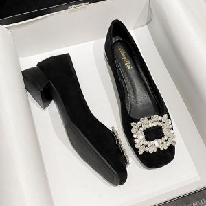 Free Shipping Spring And Autumn New Collection: Square-Toe Flat-Soled Shoes With Rhinestone Embellishments Suede Material Chunky Heels Black Color Versatile WomenS Shoes