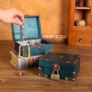 RBJ4 Retro Decoration Wooden Box Square Lockable Lockable Password Box Household Portable Jewelry Storage Case Rings