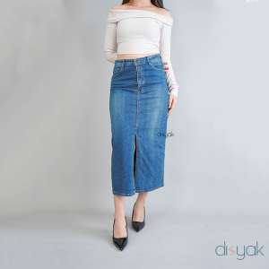 DISYAK - Rok Highwaist Midi Skirt Stretch Jeans Wanita Slit Depan