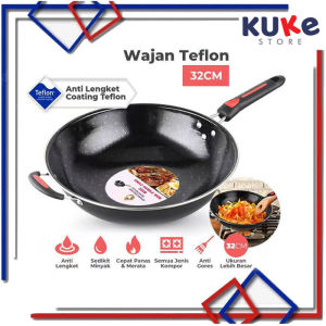 KUKE Wajan Enamel Gagang - Kuping 32cm / Wajan Wok / Penggorengan Anti Lengket / Wajan Penggorengan Teflon 32cm / Kuali Wajan Penggorengan Gagang