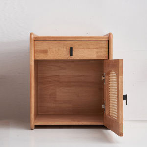 Nordic Solid Wood Bedside Table Japanese Style Rattan Rubber Wood Bedside Cabinet Bedroom Bedside Storage Cabinet Small Cabinet