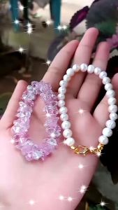 Gelang batu alexandri pink putih free gelang mutiara asli air tawa