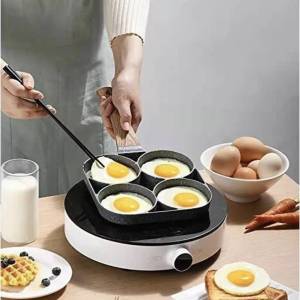 SUPER THICK 4 Hole Wooden Frying Cooking Pot Non-Stick Pancake Maker Stove Breakfast Egg Pan Omelet Pan for Burger Egg Ham Pancake Maker Wooden Handle Frying Pot Cook