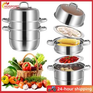 【HOSPORT】สแตนเลสสตีลขนาด 11 นิ้ว 3 ชั้นพร้อมที่จับฝาปิดหม้อหม้อไอน้ำหม้ออาหารหนาสำหรับสต็อกผักผัก