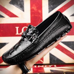 YCAMEL Crocodile Pattern Mens Leather Shoes Genuine Leather Loafers Mens Luxury Slip on Moccasins Casual Driving Shoes