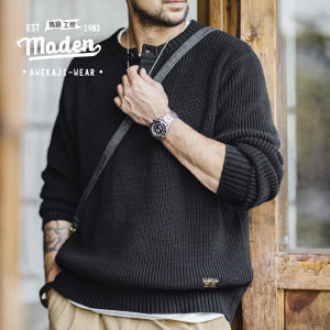MADEN brand Men Youth 2025 Autumn New Gentleman American Vintage Knitted Henley Shirt Amikaki Vertical Stripe Pullover Sweater