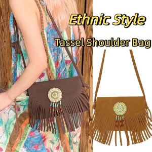 XIMESHAO แบบเกาหลี กระเป๋าสะพายไหล่แบบมีพู่ วินเทจ หนัง PU กระเป๋าสะพายข้างหนังกลับ น่ารัก ความจุขนาดใหญ่ กระเป๋าถือสไตล์ชาติพันธุ์ ผู้หญิง