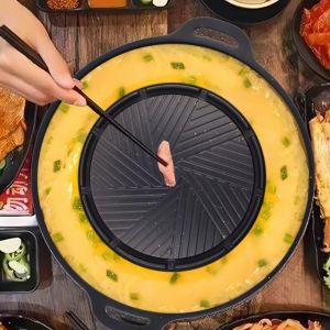 NEXTYOO 2 in 1 Round Pan+Soup Compartment Mupti Purpose Non Stick Camping BBQ Grilling Plate Durable with Soup Drain  Pot Grill Pan Gas Griddle