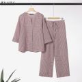 Celmia ZANZEA Women Two-piece Outfits Retro 3/4 Sleeve Loose Top Elastic Waist Trousers Grid Printed Sets #1208. 